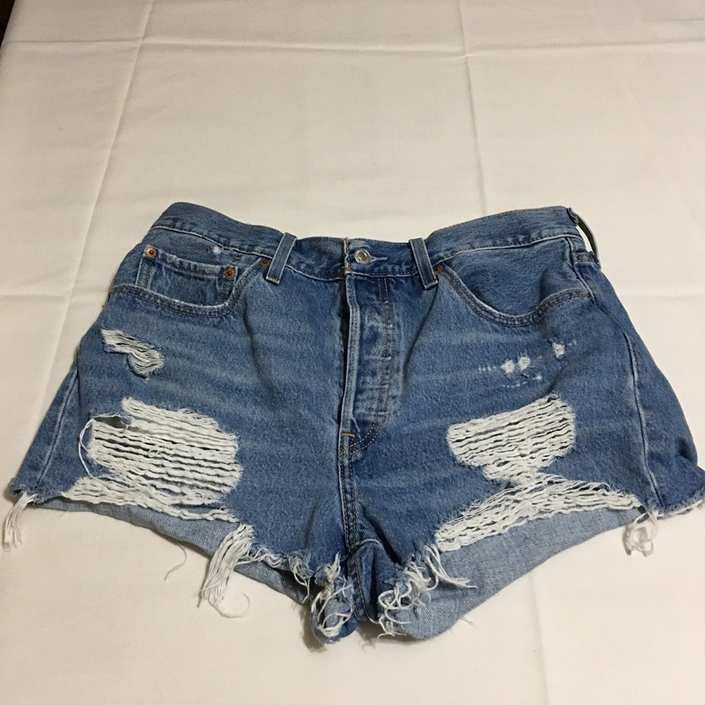 Levi's 501 Denim Shorts Women Size 32 Blue Distressed Cut Off High Rise